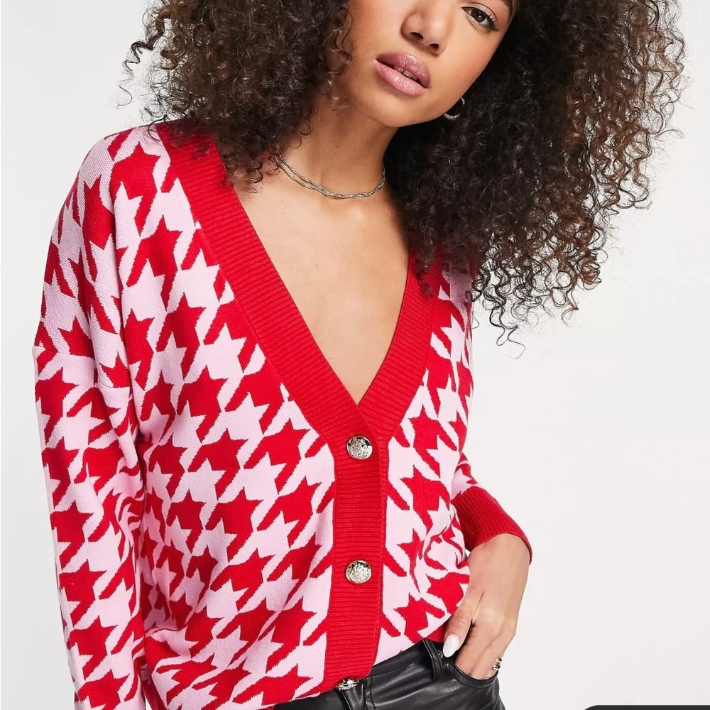 River Island Houndstooth Cardigan - Red and Pink - Small